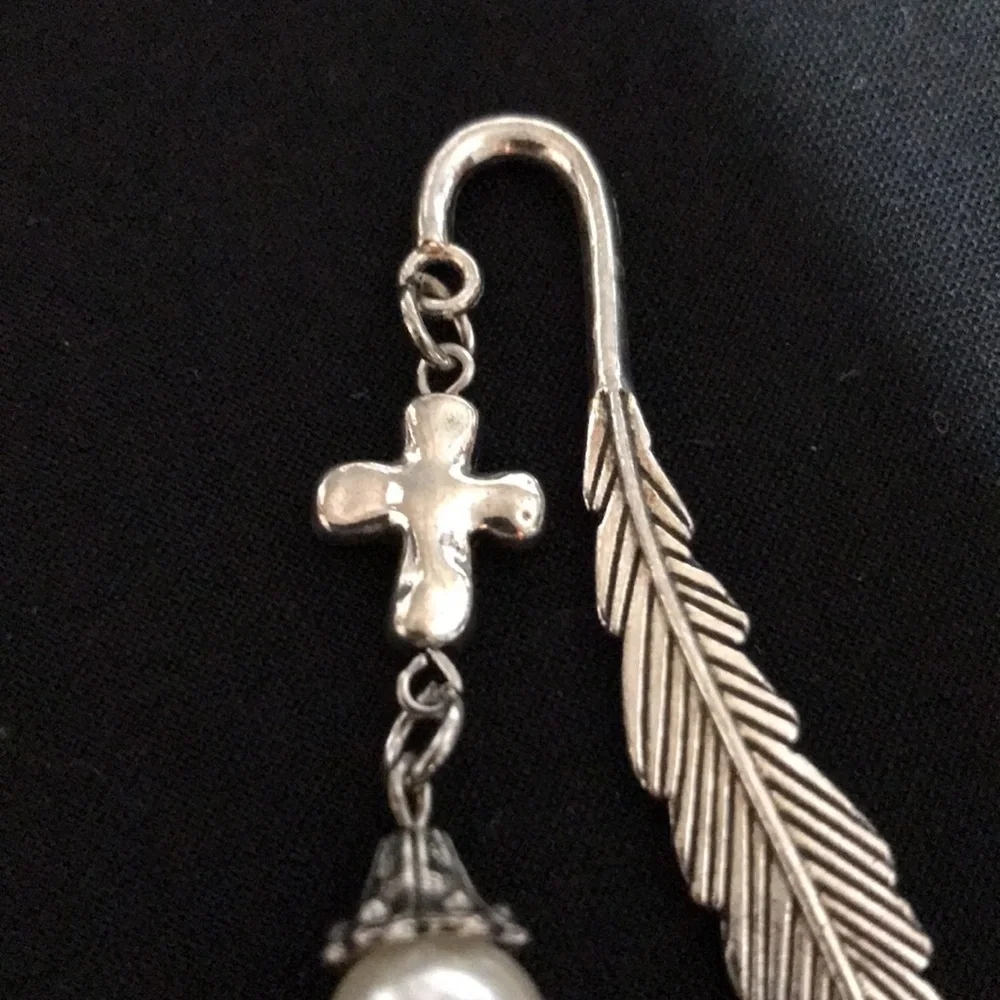 Metal Feather Hook Bookmark w/Metal Cross Bead & 3 White Glass Beads w/Bead Cap